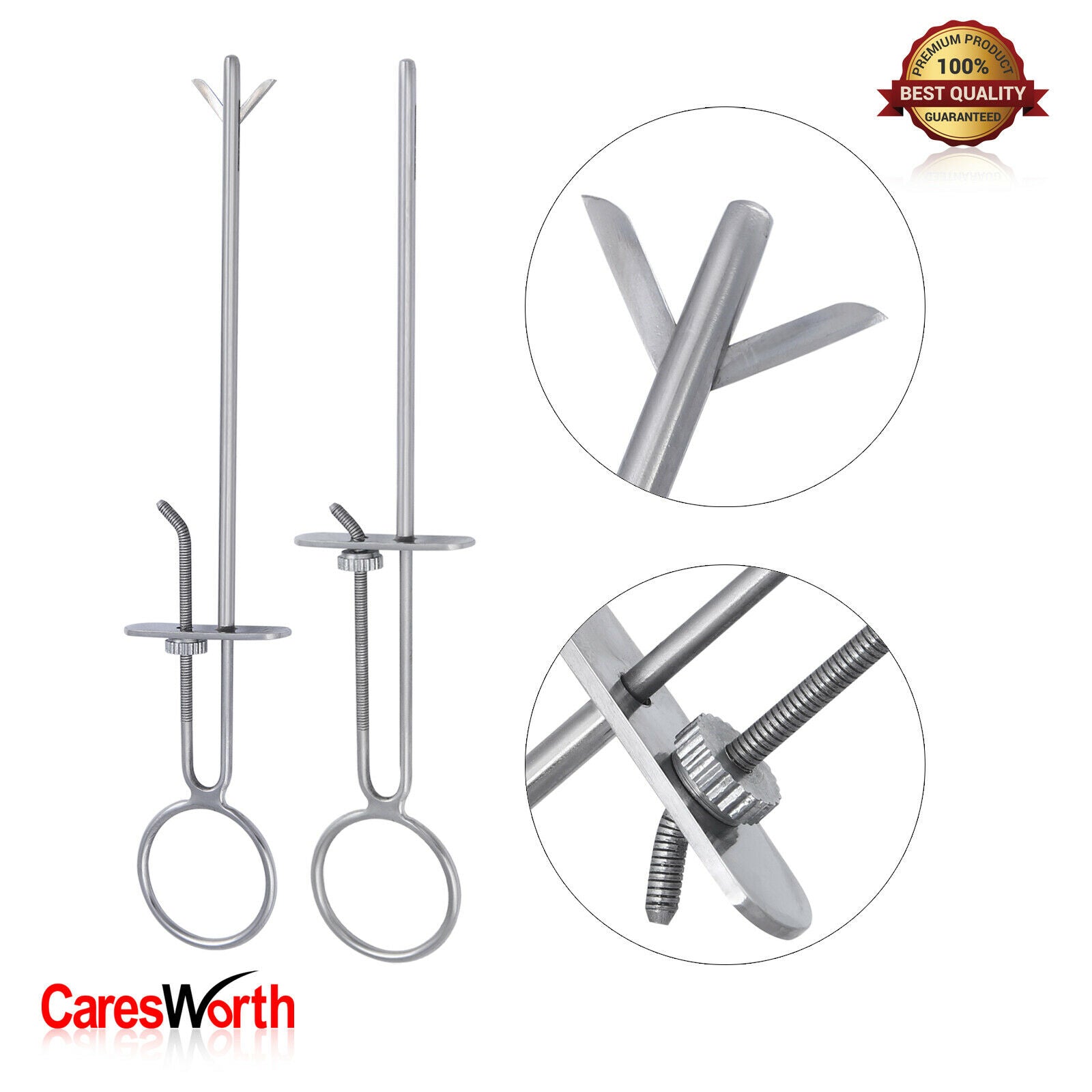 The image displays two metal Teat Slitters for dairy cows, goats, and sheep. Equipped with ring handles and adjustable screws, these tools improve milk flow in veterinary procedures. A close-up ensures clarity of the mechanism, with a Best Quality seal and CaresWorth logo also visible.