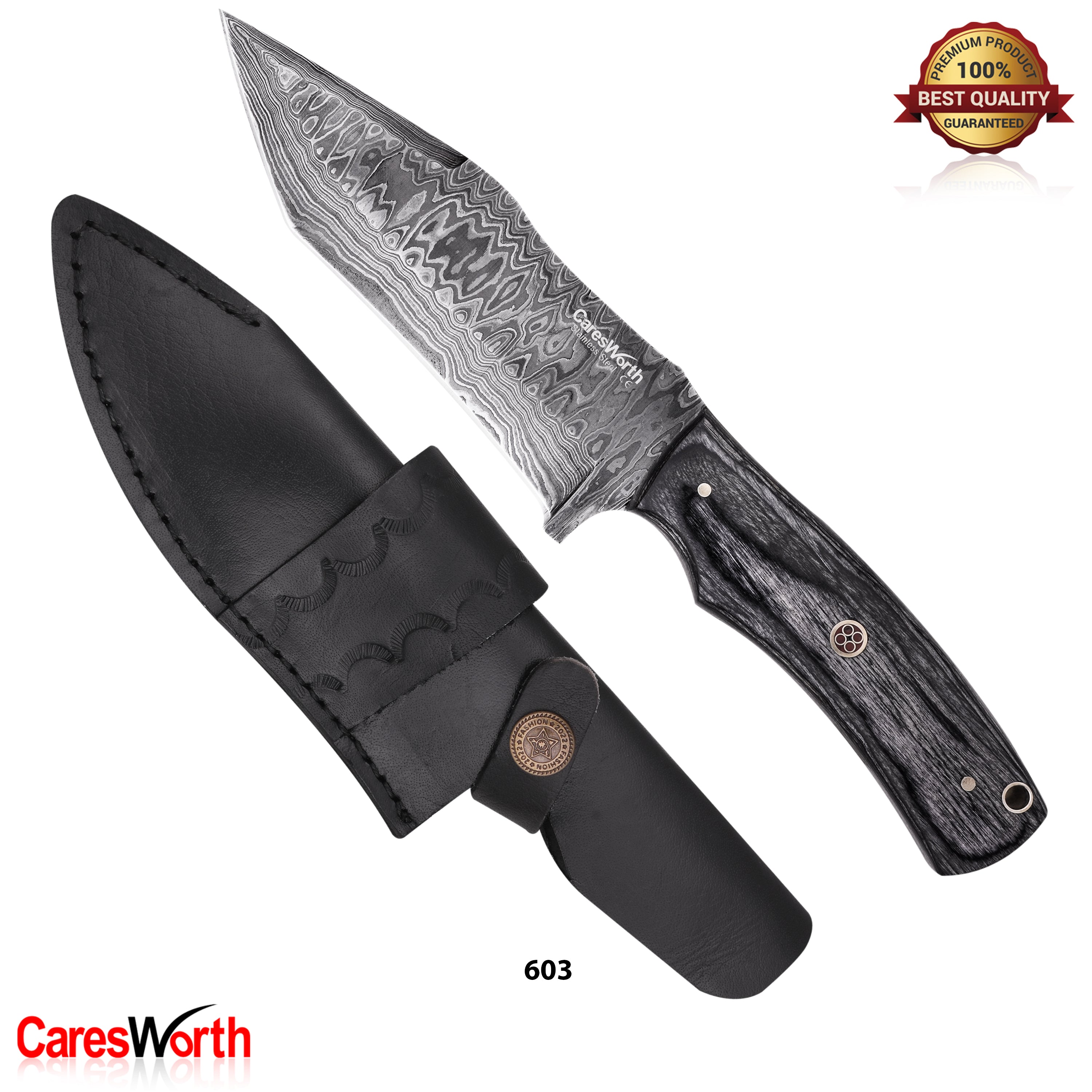 Hunting Knife Damascus Steel Pattern , 14.5 cm Blade, Leather Sheath