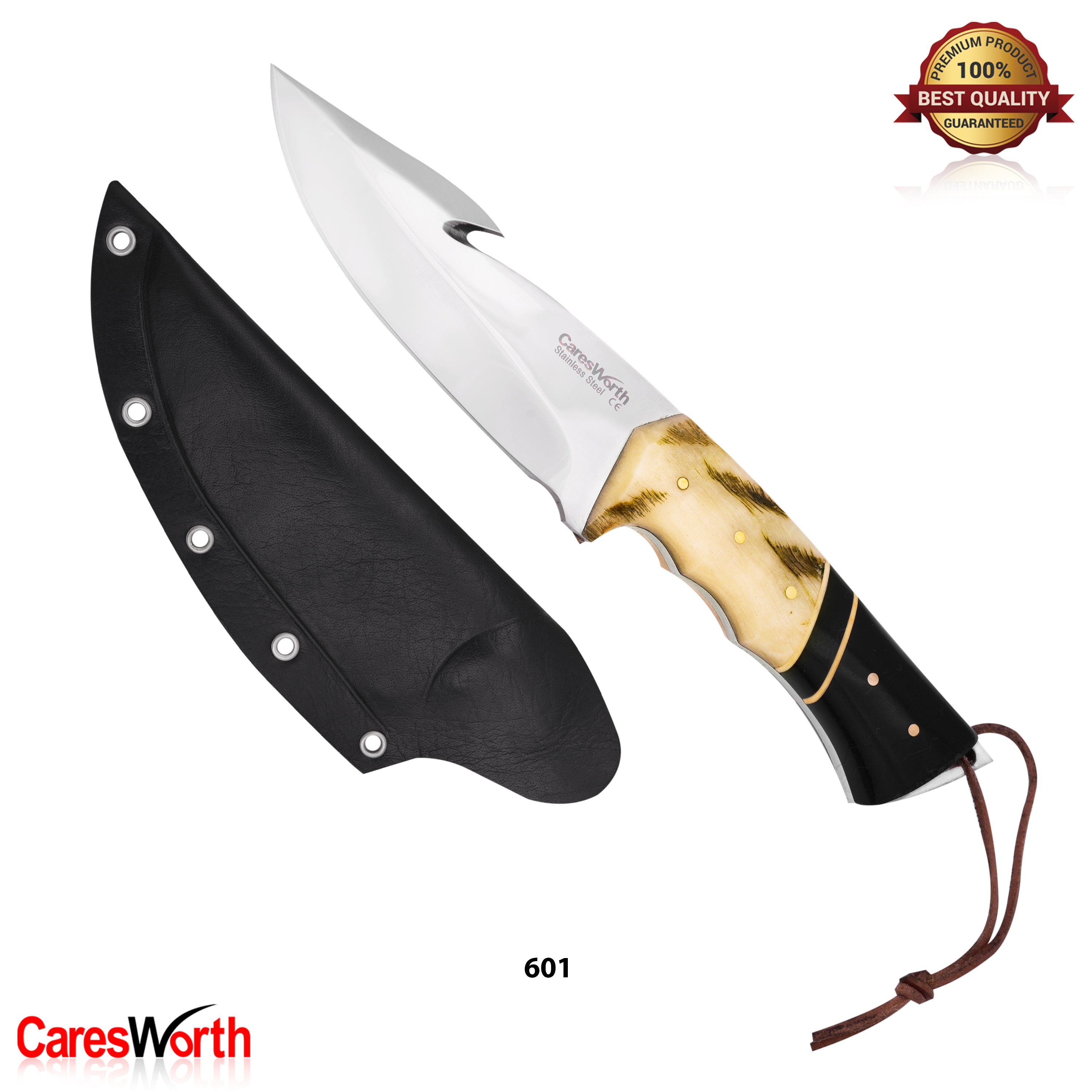 Hunting Knife J2 Steel , 11.5cm Fixed Blade, Ram Horn and Resin Handle, Leather Sheath, Bushcraft Knife