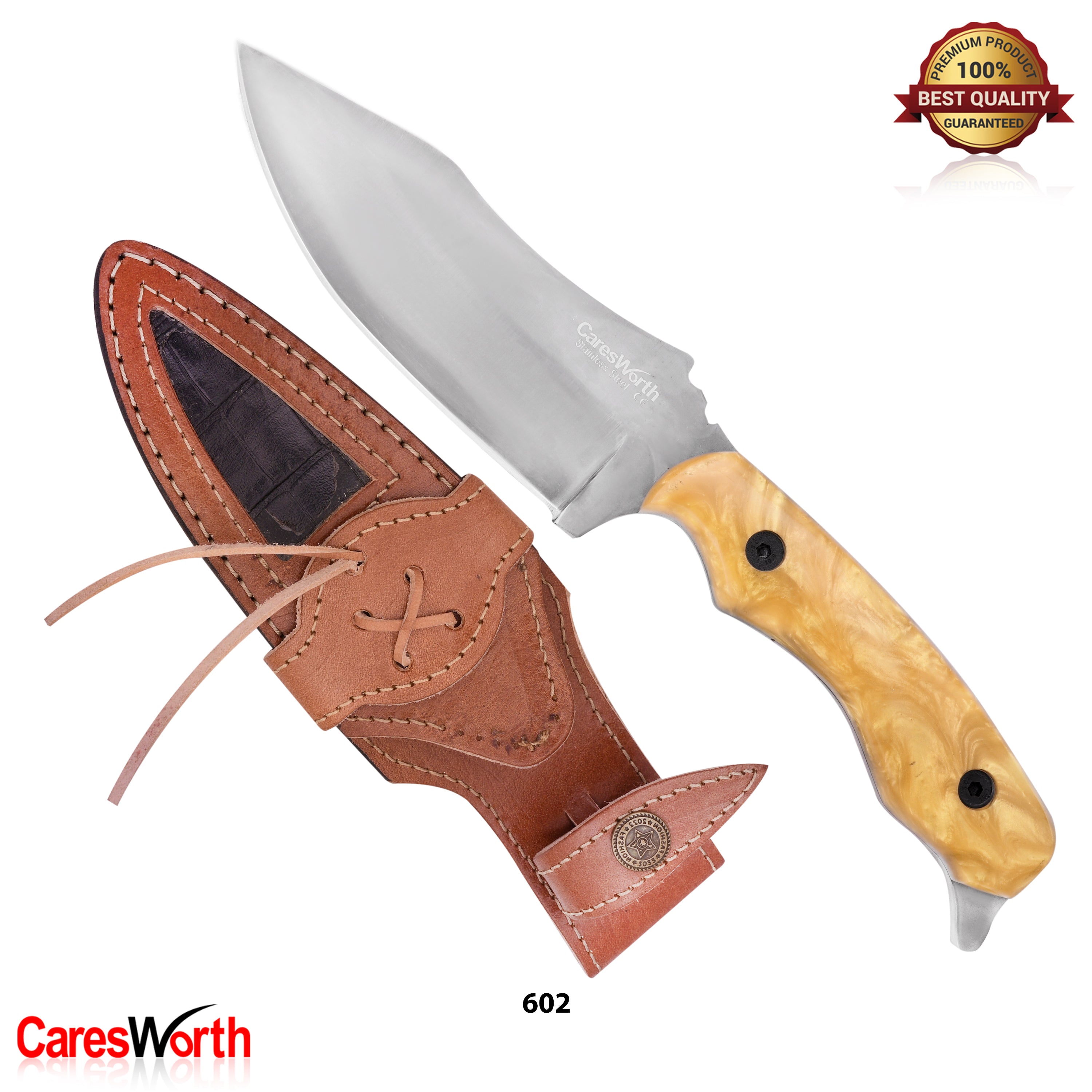 Hunting Knife, Fixed Blade, J2 Steel, 11.5cm Blade, Leather Sheath, Yellow Resin Handle