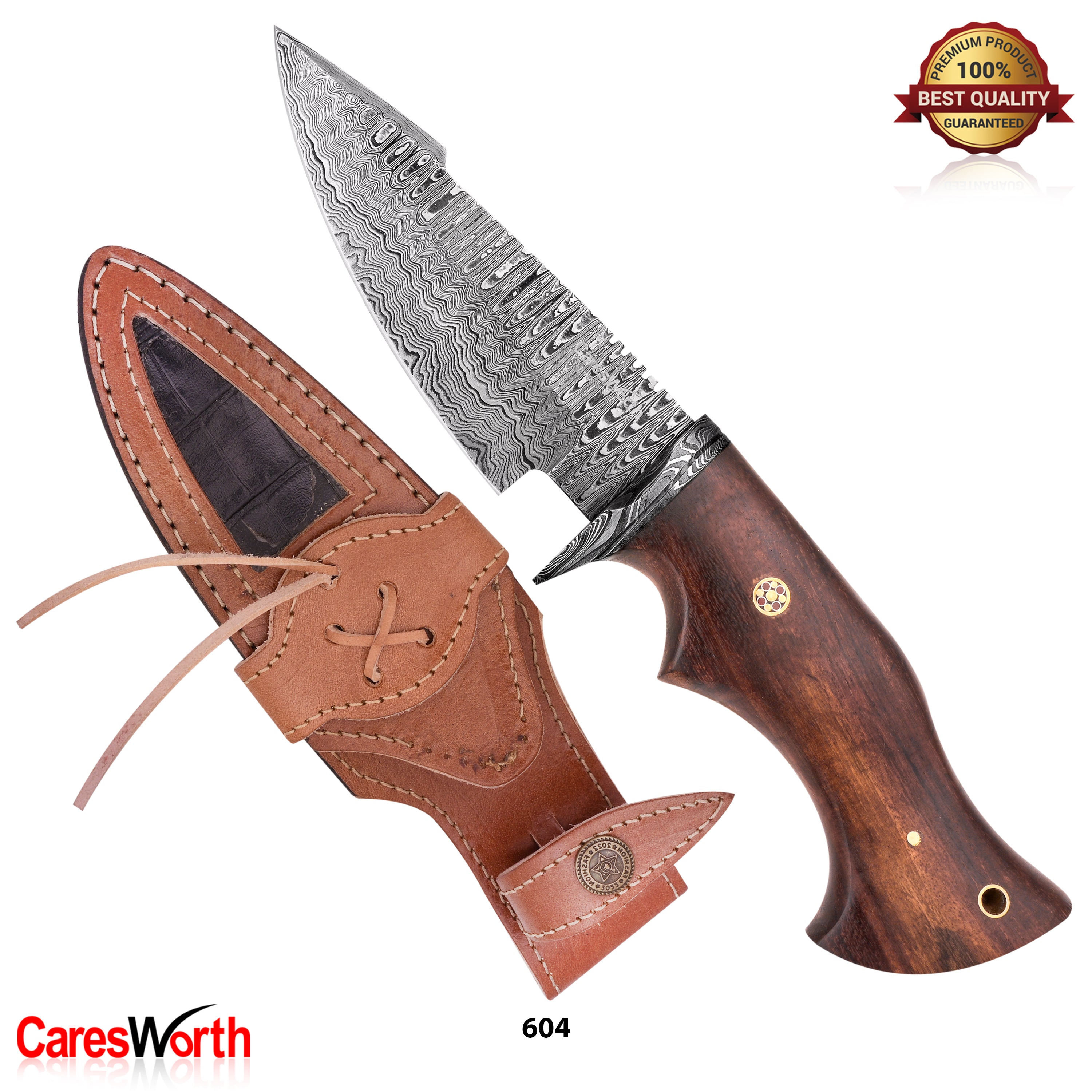 Hunting Knife Damascus Steel, 12.5 cm Blade, Leather Sheath