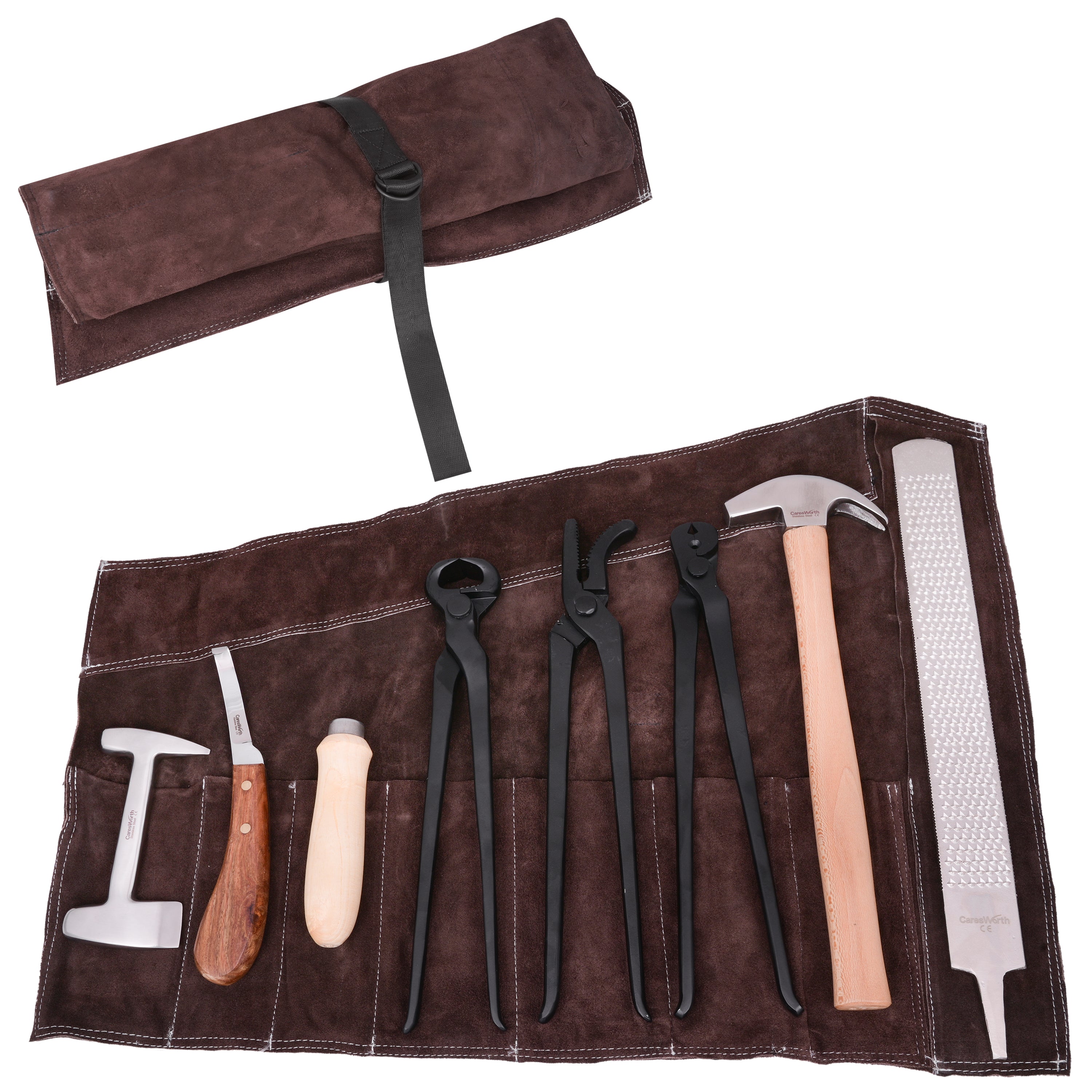 7Pcs Professional Farrier Tools Kit with Leather Roll Pack, Farrier Rasp File, Farrier Hammer, Horse Crease Nail Pullers, Hoof Nipper, Farrier Clincher, Hoof Knife J2 Steel, Horse Clinch Cutter